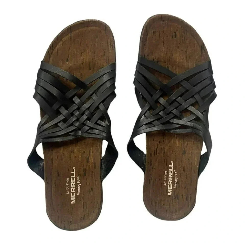 Merrell Black Woven Leather Slide Sandals